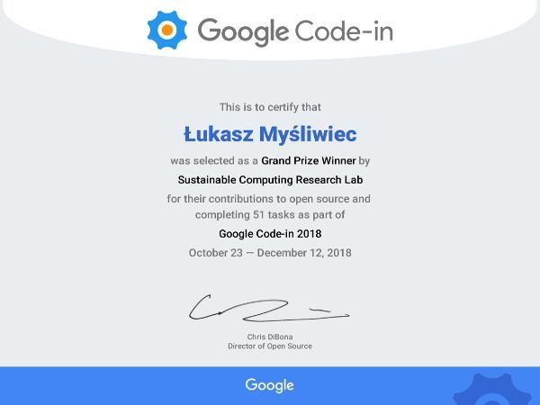 Uczeń I LO najlepszy w Międzynarodowym Konkursie Google Code – In!, 