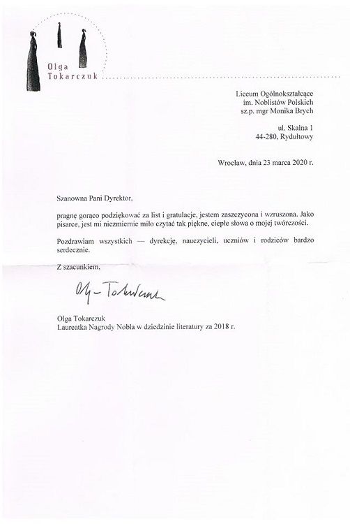 Rydułtowska szkoła otrzymała list od Olgi Tokarczuk, 