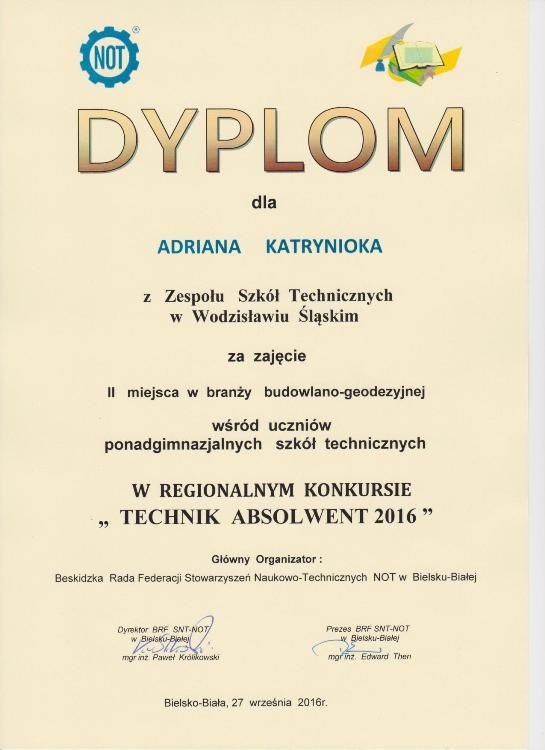 Troje uczniów ZST  na podium konkursu  „Technik Absolwent 2016”!, materiały prasowe ZST Wodzisław Śląski