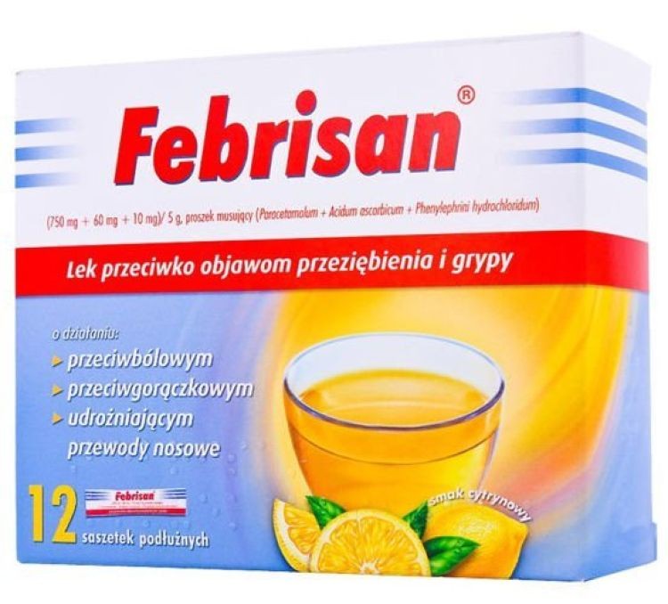 Febrisan (Paracetamolum + Acidum ascorbicum + Phenylephrini hydrochloridum), (750 mg + 60 mg + 10 mg)/5 g, proszek musujący, numer serii: 100401 termin ważności: 04.2023, 