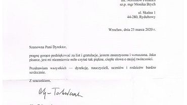 Rydułtowska szkoła otrzymała list od Olgi Tokarczuk