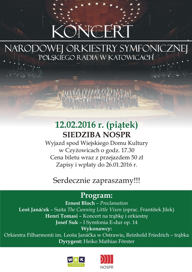 Pojedź na koncert czeskiej filharmonii do siedziby NOSPR, materiały prasowe